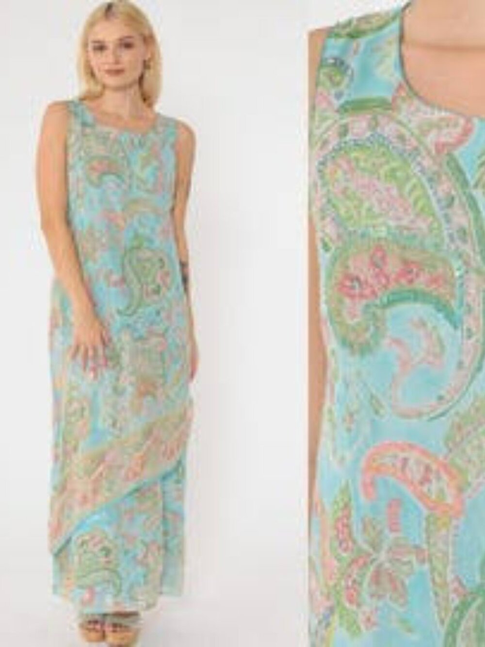 Rene Derhy Vtg. Y2k Pistachio Blue Paisley Sleeveless Maxi Dress Sz M